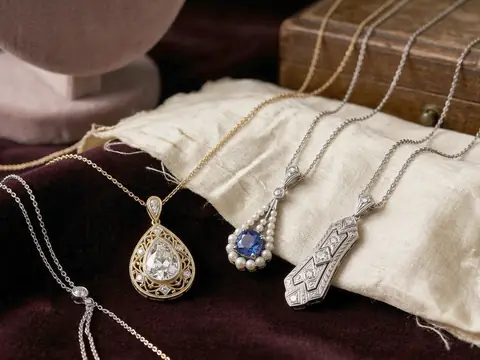 Antique diamond, gold and sapphire pendants laid on velvet and linen beside a wooden jewelry box