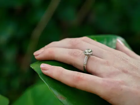 A hand wearing a white gold diamond halo ring, resting on a green leaf